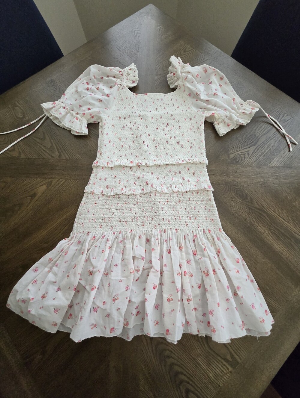 LoveShackFancy Tina Tiered Smocked Mini Dress in Pink Ditsy Floral sz MEDIUM